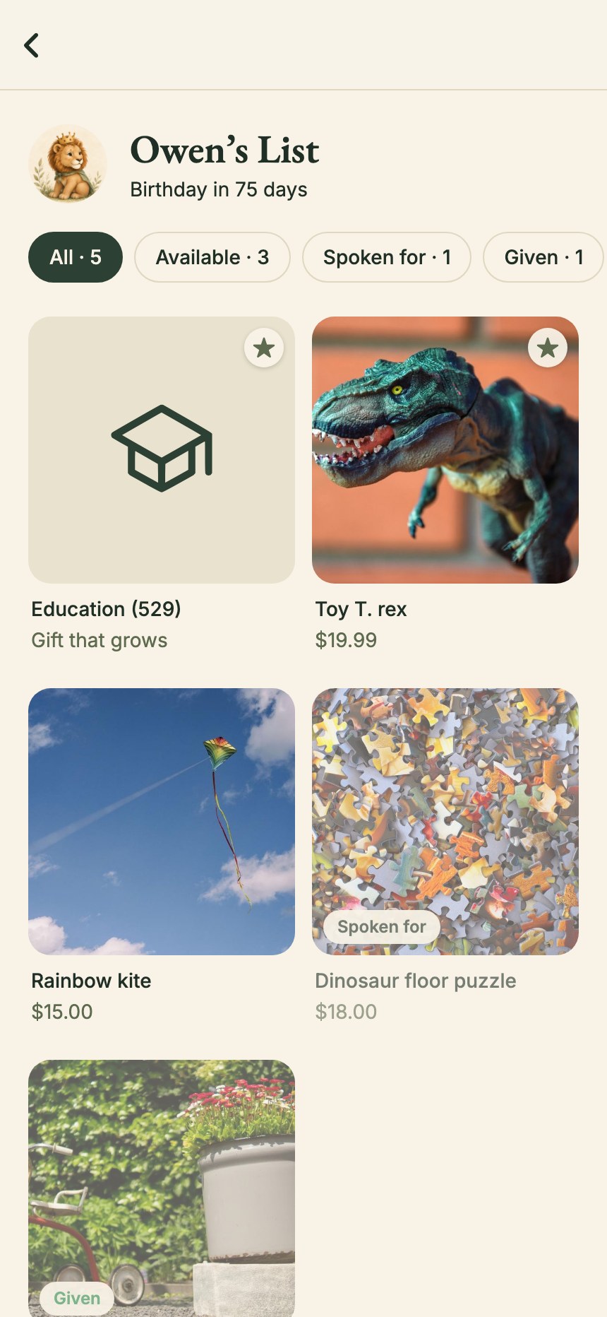 Owen’s list, led by his college fund, followed by his gift ideas.
