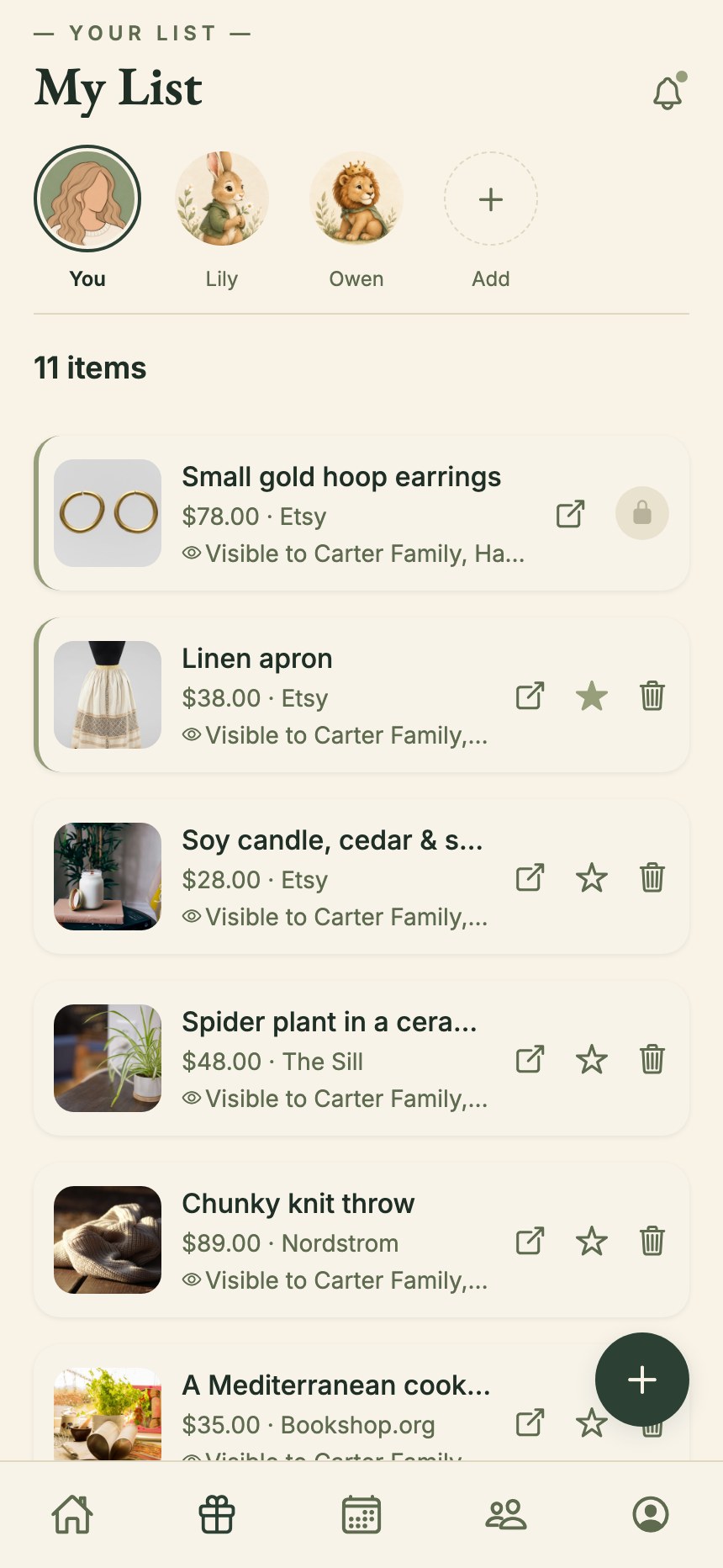 My List in Dorea: a gift list with photos, prices, and the store each item comes from.